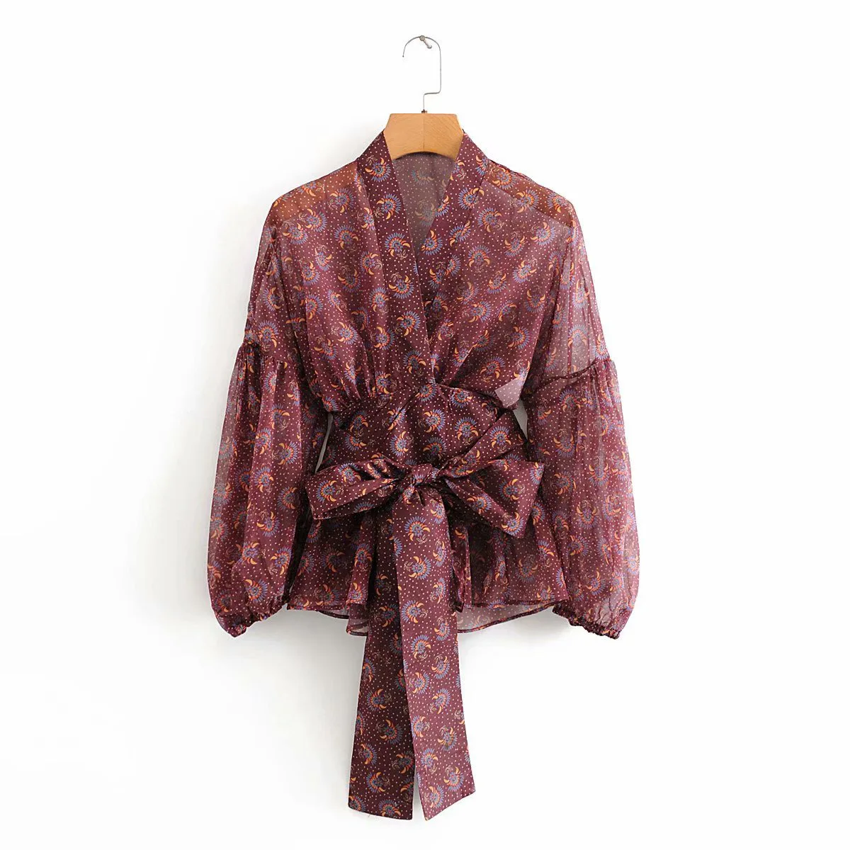 

В европейско-американском стиле, Для женщин летние 2021 Новый Винтаж с v-образным вырезом с принтом рубашка с галстуком-бабочкой на поясе