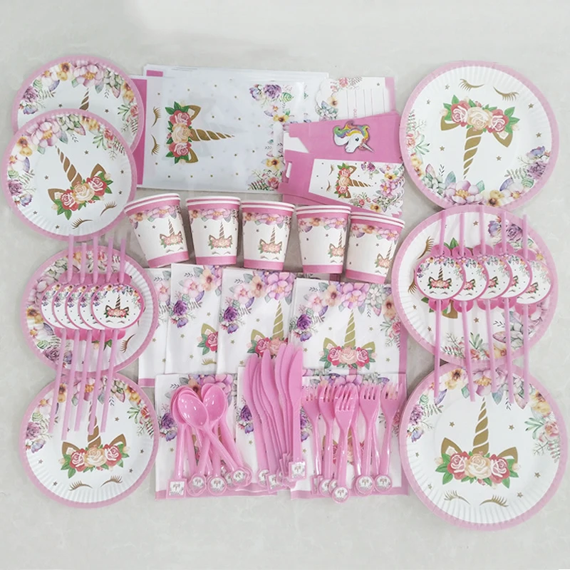 

unicorn deco disposable tableware unicornio girl birthday party decoration kids pull flag paper plate cup baby shower supplies
