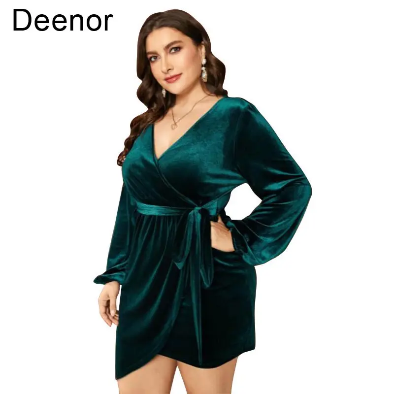 Deenor Plus Size Dress Sexy Midi Dresses Temperament V-neck Large Swing Bandage Dress Velvet Sexy Evening Dress