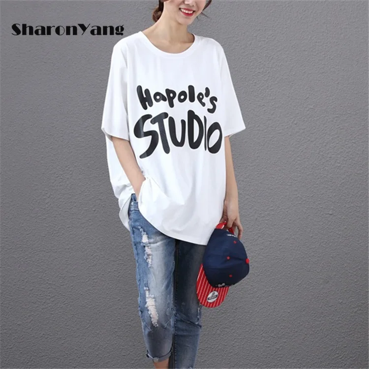 

2021 Summer Plus Size Short Sleeve Women T-shirt Letter Print Shirt Korean Loose Long Pattern Cotton Batwing Sleeve T-shirt