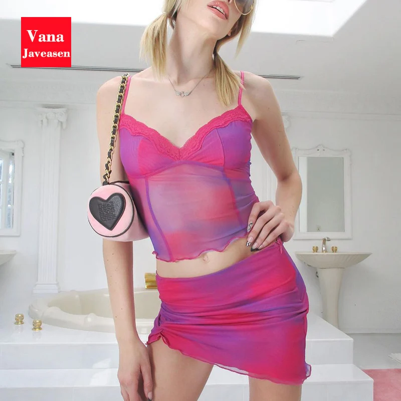 

Summer Tie-Dye Printed Skirts Woman Clothes Set Lace Sexy V-neck Camis Cropped Tops High Waist Pleated Skirt Two-piece Set