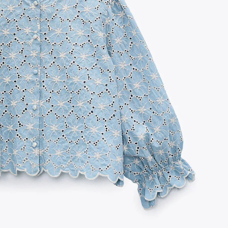 

Fashion Printed Embroidery Summer O Neck Blouses Women Elegant Single Breasted Shirts Women Flare Sleeve Tops Ladies