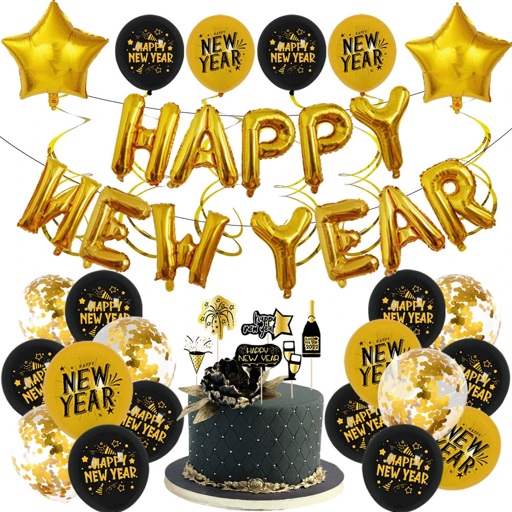 

New Year Party Decoration Rose Gold and Gold Confetti Balloon Star Foil Balloon with Cake Topper for Happy New Year Supplies