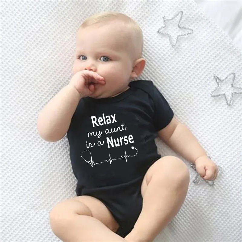 

Summer Newborn Bodysuits Baby Jumpsuits Cotton Infant Outfits Relax My Aunt Is A Nurse Letters Print Onesie Outwear