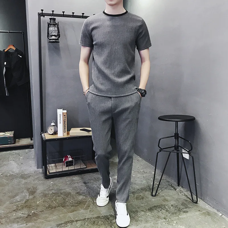 

Suit spring men's leisure suit sports fashion round neck short sleeve breathable outdoor leisure suit