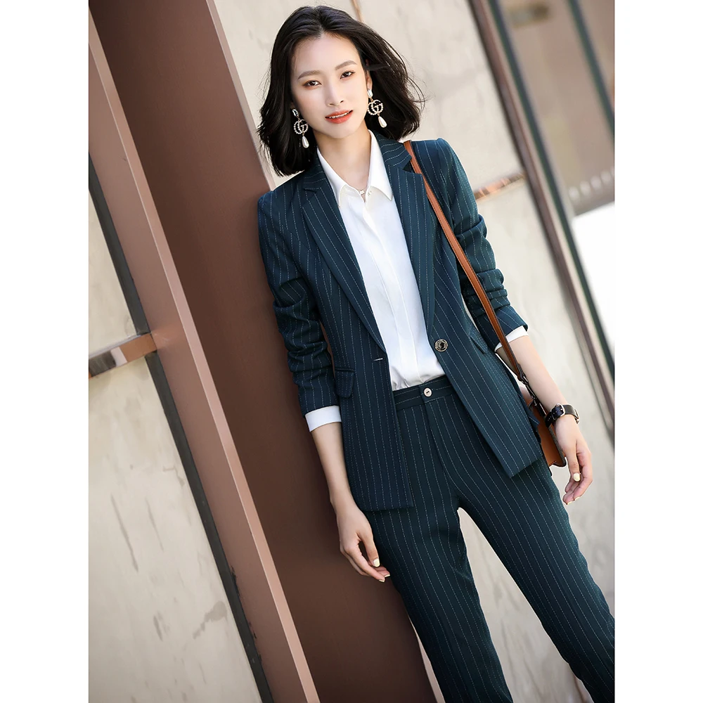 

2020 New Autumn Pant Suits For Women 2 Piece Set Formal Striped Blazer Single Button Jacket Trousers Office Lady Plus Size 4XL