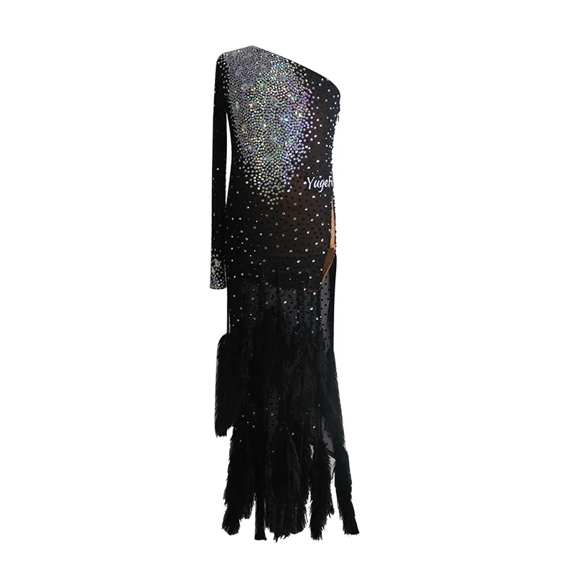 

Latin Dance Competition Dress Girls Black Feather Diamond Professional Performance Clothing Cha Cha Samba Stage Wear