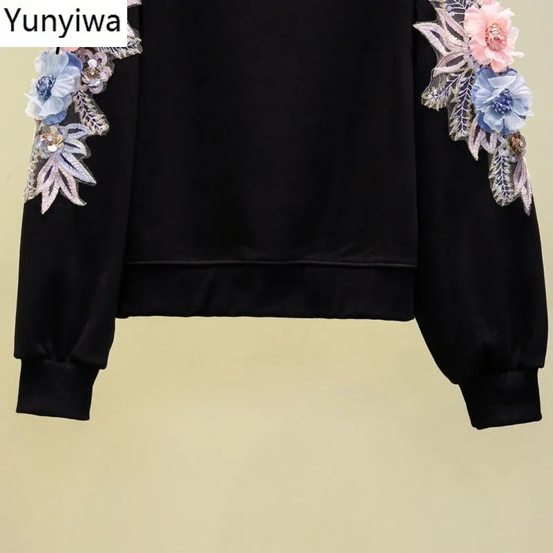 

Exquisite Flower Embroidery Patchwork Hoody New Autumn Long Sleeve Hoodies Women 2020 New O-neck Loose Fashion Pulloves