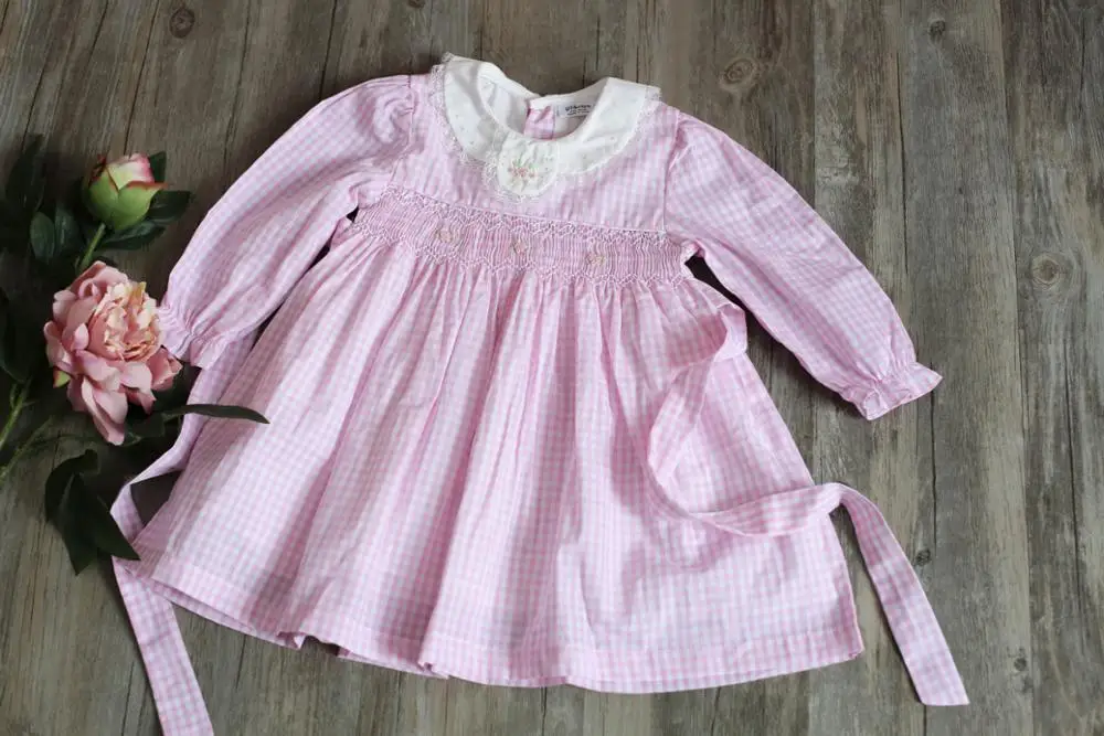 

kids dress baby girls clothes Pink plaid long sleeve baby collar embroidery dress little toddler girls clothes