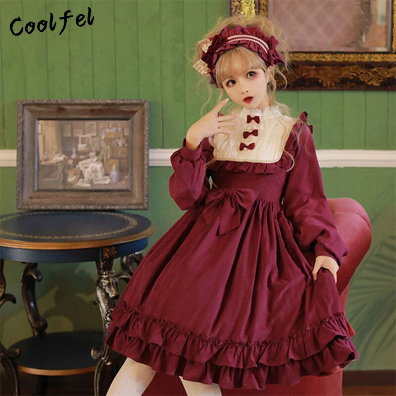 

COOLFEL Japanese Gothic Style Lolita Kawaii Dress Vintage Victorian Red Wine Bow Tea Party Princess Lolita Dress Christmas