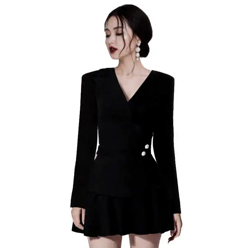 

DEAT 2021 New Autumn Winter Fashion Casual Long Sleeve V Neck Crowd Waist Suit Top Skirt Two Piece Set Temperament Suit SL042