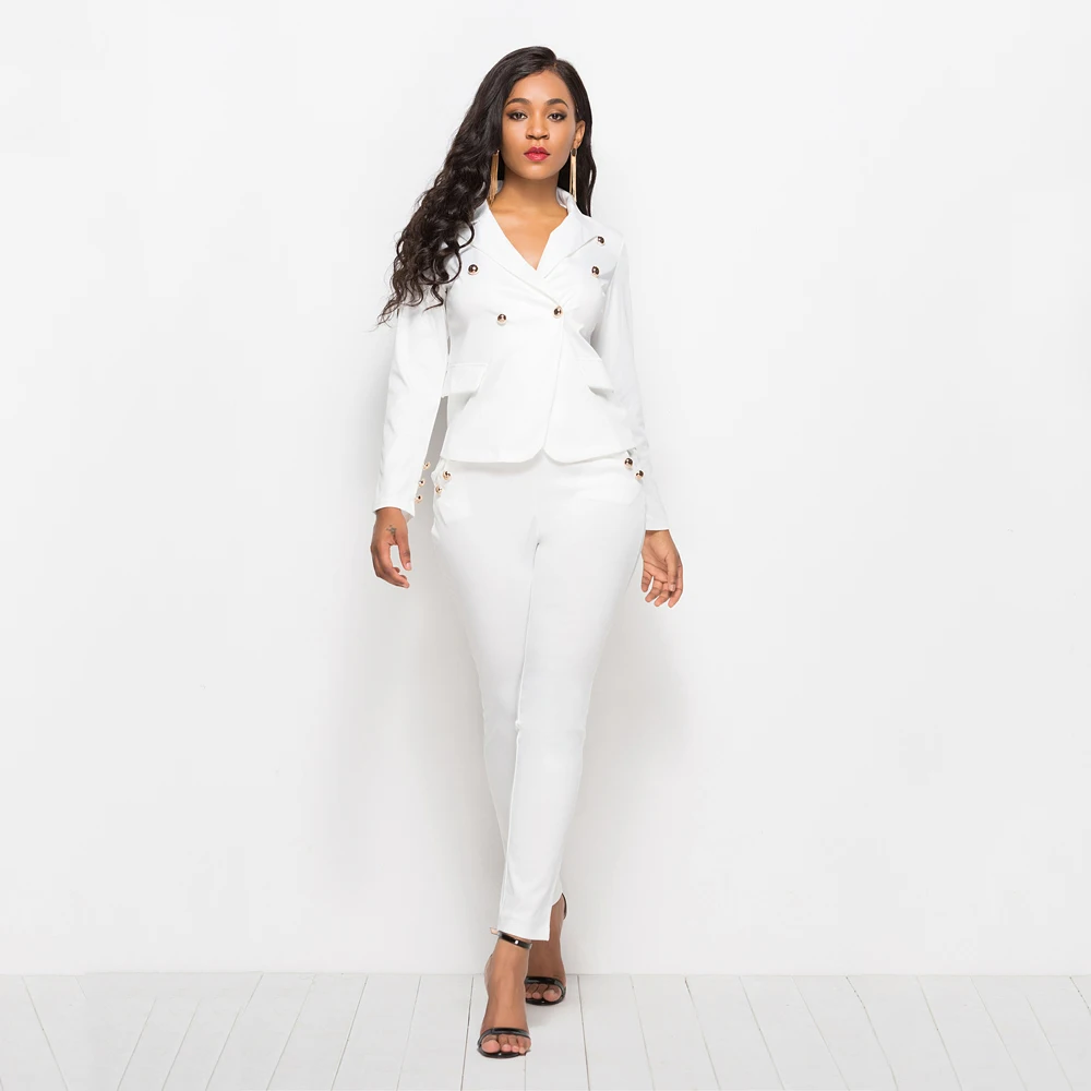 

Autumn Winter Business Women Elegant Suit 2 Piece Set White Blazer Coat Pencil Slim Long Pant Office Lady Jacket Female Outfits