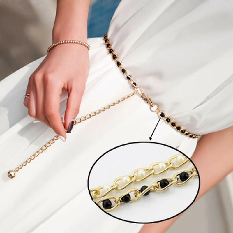 

Elegant Fashion Metal Chain Pearl Thin Waist Chain Adjustable Thin Thin Waist Belt Ladies Waist Chain Dress Clothing Accessories