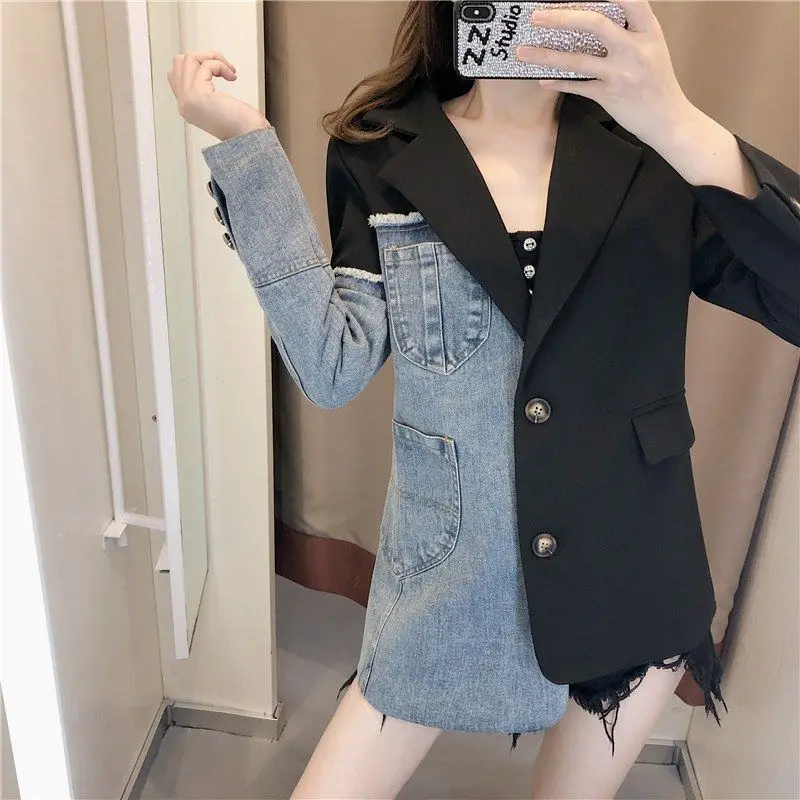 Женские джинсовые костюмы в стиле пэчворк весенние деловые для работы и офиса с