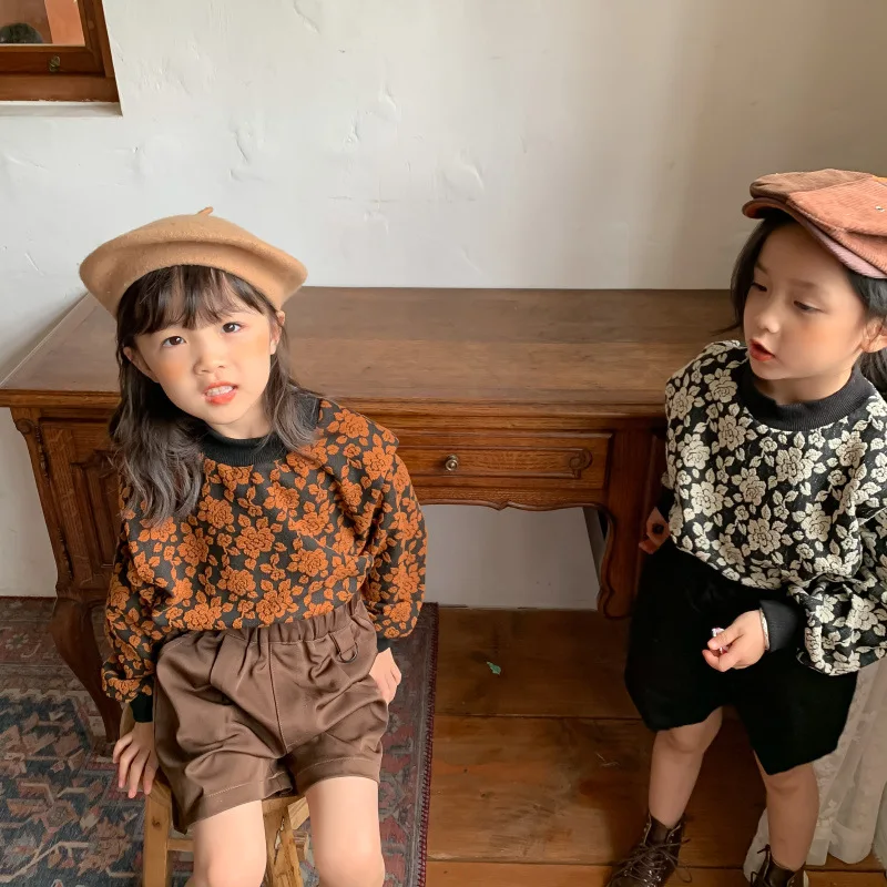 

Осень 2021, свободный жаккардовый топ для девочек с круглым вырезом, модная детская одежда, пальто