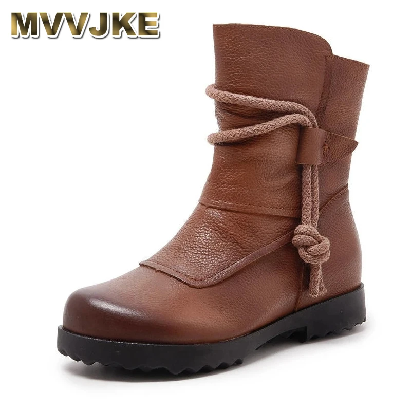 

MVVJKE Winter Warm Plush Vintage Genuine Leather Mid Calf Boots Woman Flat Mid Heel 3.5CM 2021 Spring Zipreal Leather Boots