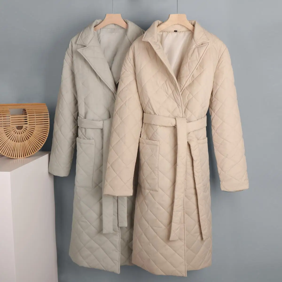 

Winter Down Jacket Women Long Oversized Parka Ladies Rhombus Pattern Coat Casual Sashes Jacket Loose Women Long Sleeve Overcoat