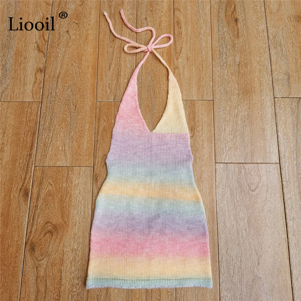 

Liooil Knit Halter Mini Beach Dress Women Summer 2021Color Block Backless Patchwork Multi Holiday Sexy Bodycon Party Dresses