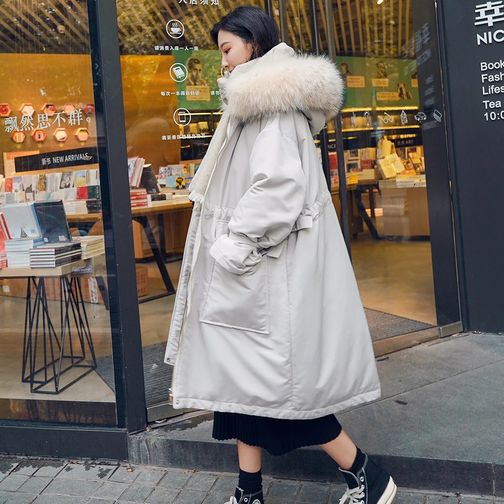

2020 Winter Red Cotton Parka Coat Thick Warm Fashion Casual Mid-length Jacket High Quality Hooded Big Fur Collar Puffer Coats