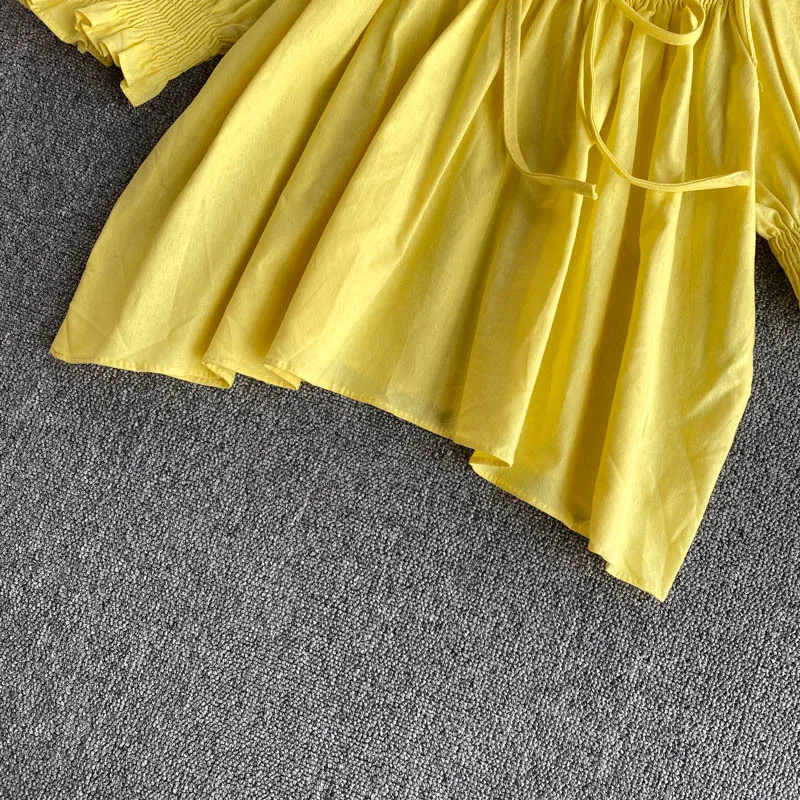 

Pleated Blouse Women Solid Square Collar Puff Sleeve Ladies Blusa Shirts Spring 2020 Fashion Casual Female Tops