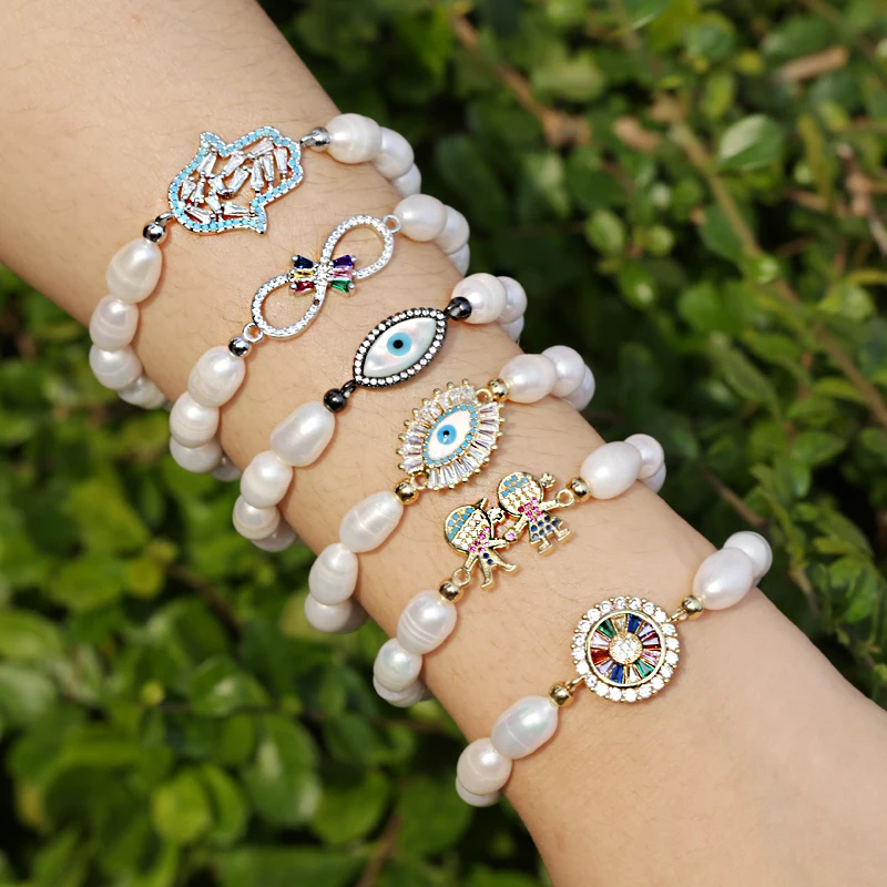 

Natural Freshwater Pearl Beaded Plastic Elastic Rope CZ Connector Charm Dainty Unisex Bangle Bracelet 2020 Women Wedding Gift