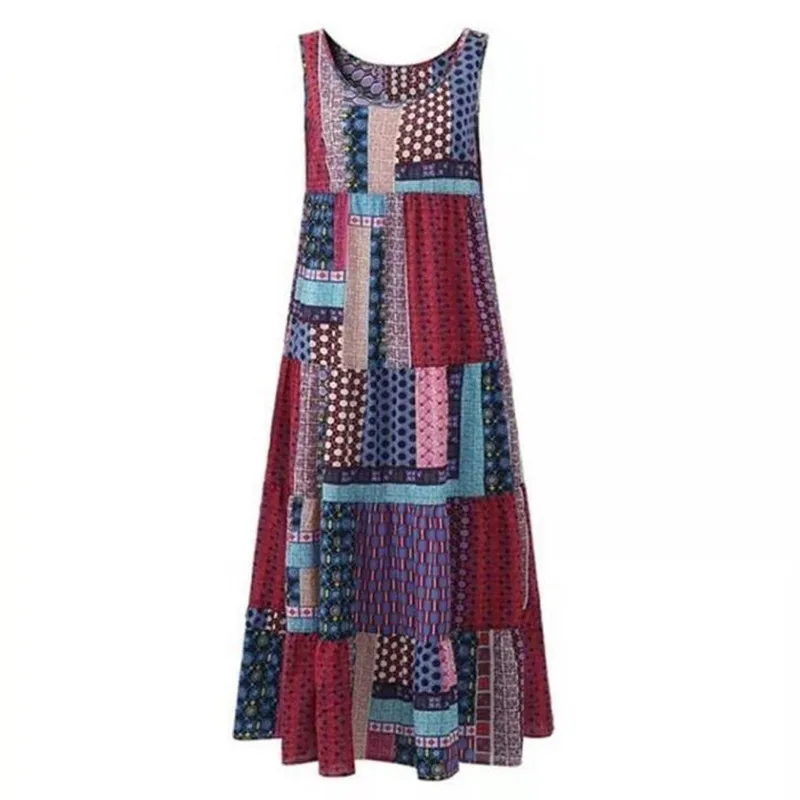 

Vintage Sleeveless Long Dress Bohemian Casual Loose Retro Maxi Dresses Women Summer O-neck Daily Beach Dress