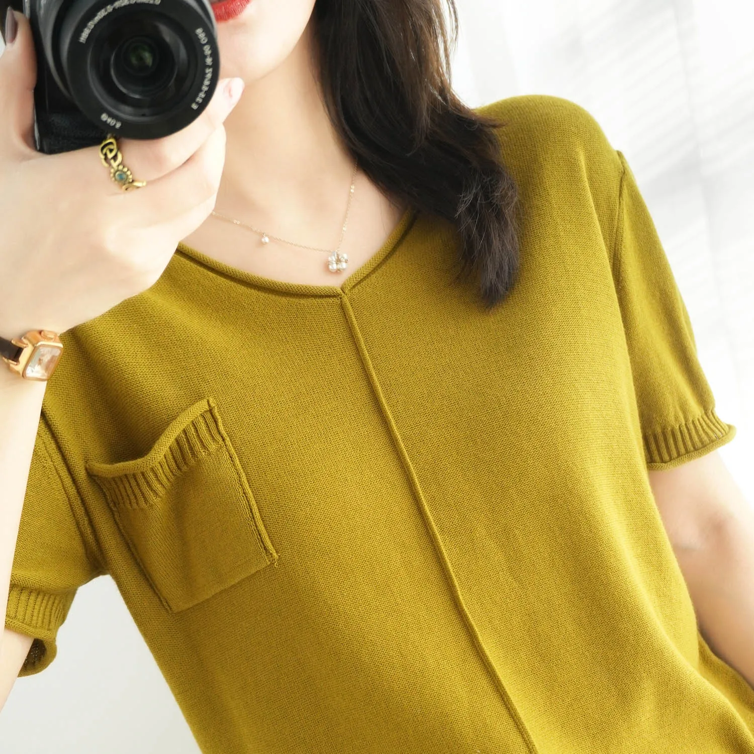 

women knitted thin t shirt short sleeves pullover v-neck stylish short top female summer pocket cotton tshirts