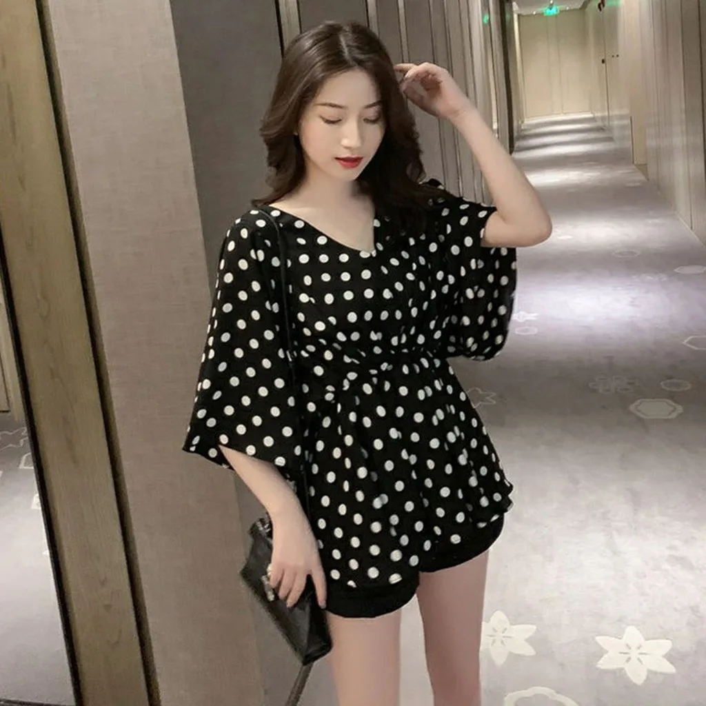 Женская милая стильная блузка в горошек с коротким рукавом летняя рубашка для