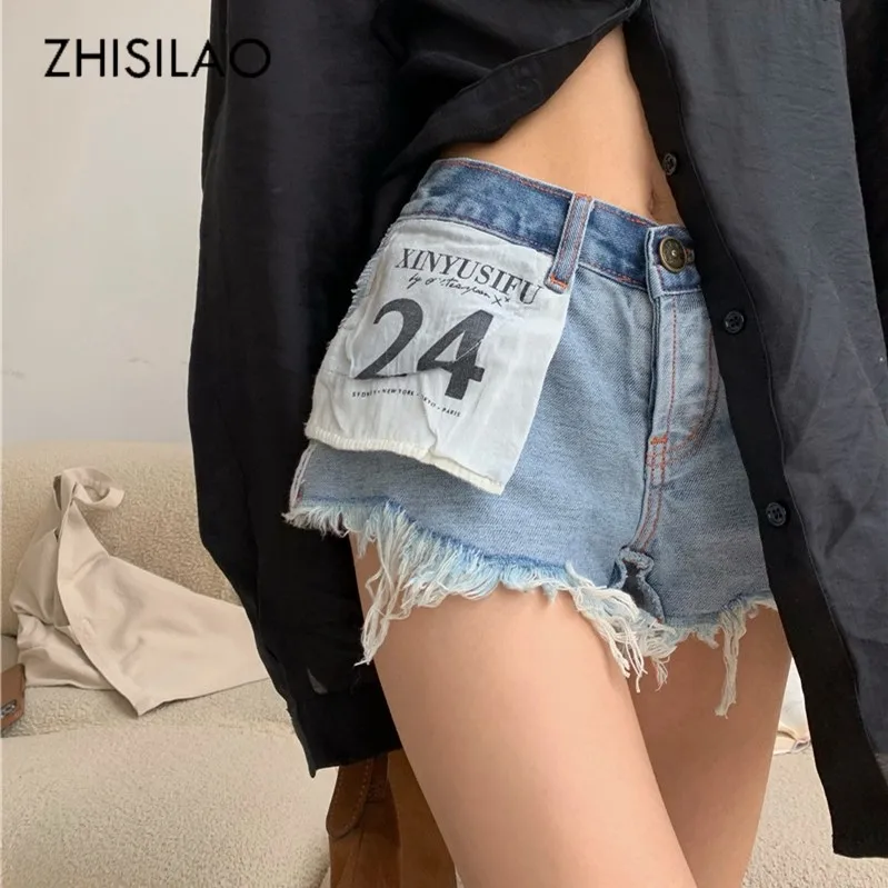 

ZHISILAO letter Pocket Hot Denim Shorts Women Streetwear Vintage Blue Tassel Mid Waist Mini Jeans Shorts Sexy Summer 2021