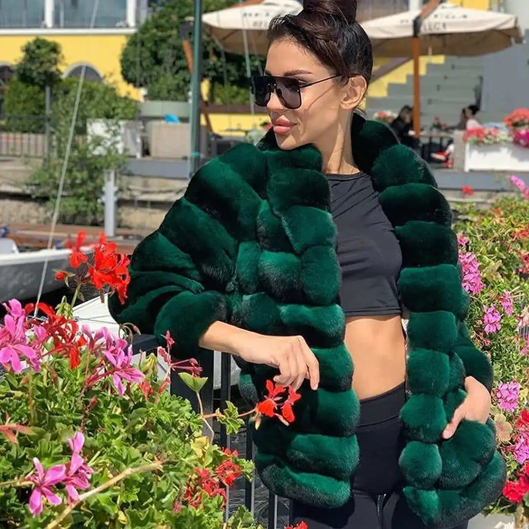Natural Women Real Fur Coat Winter 2022 New High Quality Dark Green Genuine Rex Rabbit Fur Jacket with Turn-down Collar Outwear