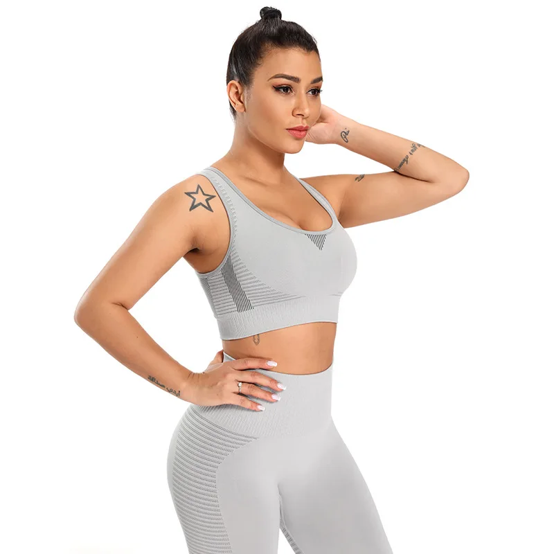 

Women Seamless Yoga Sets Fitness Tight Sports Suit Gym Sports Vest Push Up Yoga Leggings Racerback Running Shockproof Bra