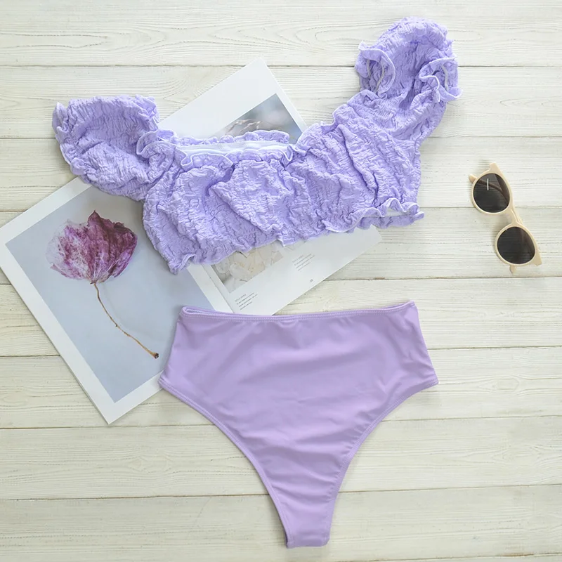 

Riseado Ruffle Bikini Set High Waist Swimwear Women Swimsuits Ruched Beach Wear Off Shoulder Bikinis Short Sleeve biquini 2021