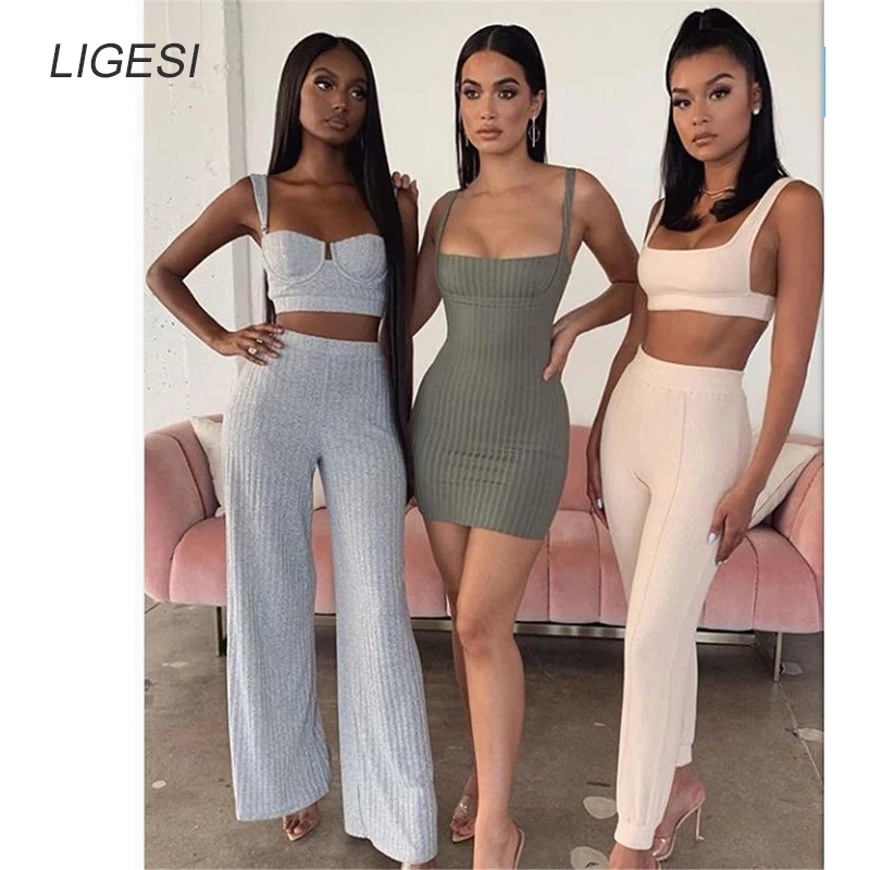 Strap Fitness Two Piece Set Backless Crop Top and Wide Leg Pants Women Knitted Tracksuit Female Outfit Summer Matching |