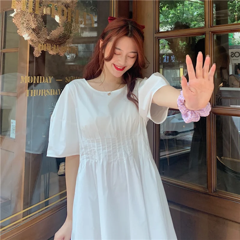 

White Cotton Female Chic Dresses Fashion Solid Folds High-waist Mid-length Dress Lantern Sleeves Summer Women Dress 2021