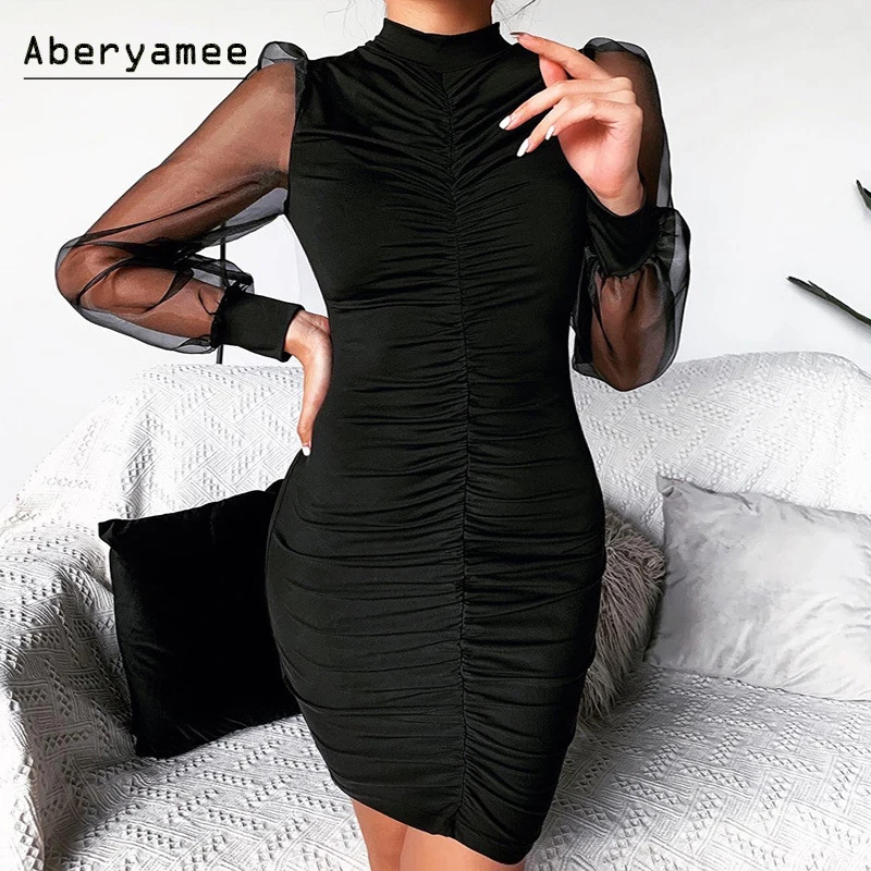 Aberyamee женское черное Бандажное платье с сетчатыми рукавами элегантные вечерние