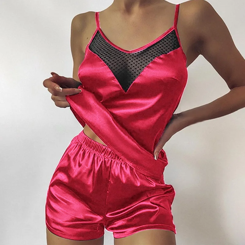 

2021 NEW Satin Pajamas Sexy Lace Tops and Shorts Women's Silk Pajamas Solid Color Pajama Set