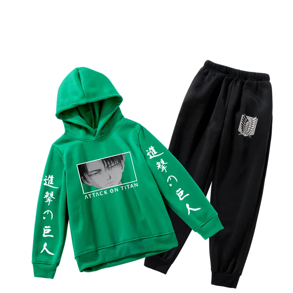 

Autumn Anime Attack on Titan Green Sweatshirt and Black Pants Two Piece Kids Sets Casual Boys Girls Hoodie+Sweatpants Suits