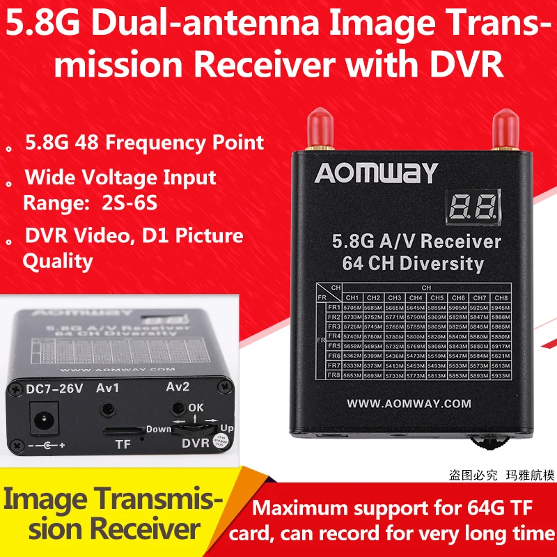 Беспроводной видеоприемник Aomway 5 8g 8 ГГц 48 каналов Rx w/DVR телеметрический