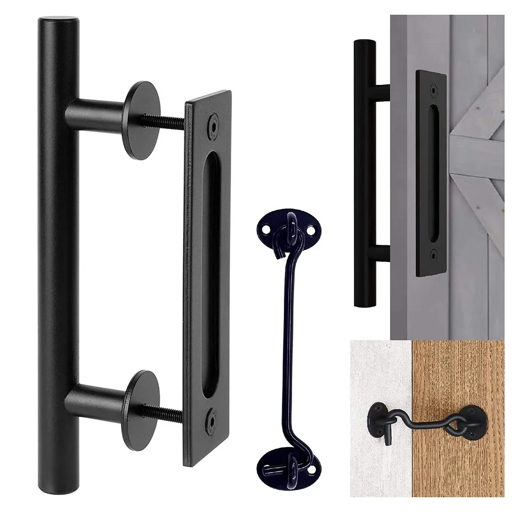 

1*12 Inch Barn Door Handles Carbon Steel Rustproof Pull Flush Handle Gate Hardware Set Iron Black With Lock