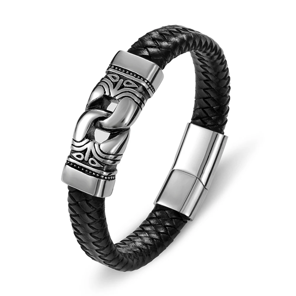 

Fashion Stainless Steel Magnet Charm Genuine Leather Bracelets For Men Hand Jewelry Braided Black Punk Accessories Wholesale