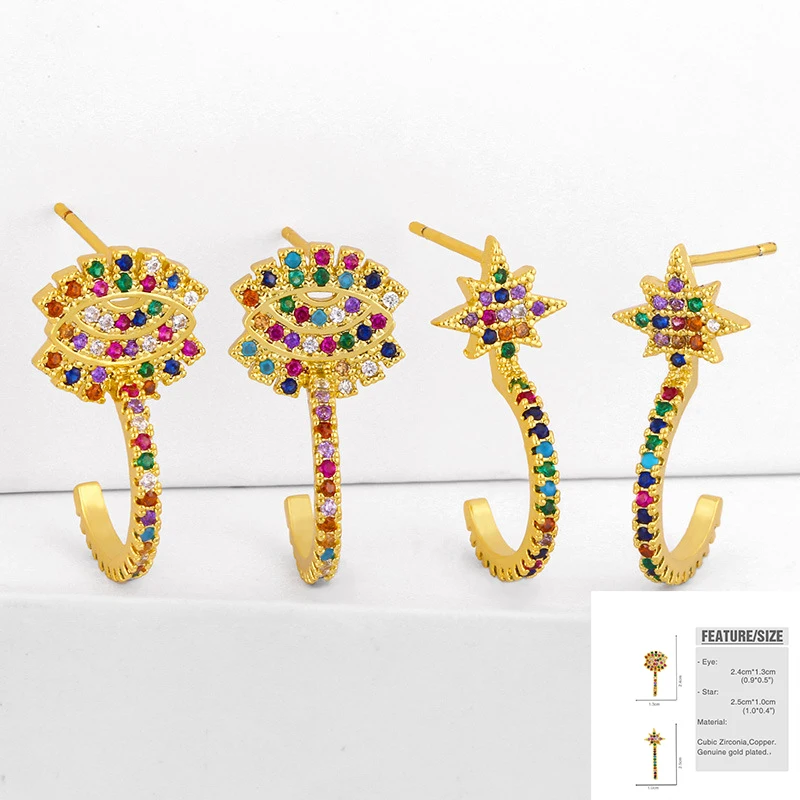 

Vintage Micro Set Rainbow Zircon Evil Eyes C-shaped Dangle Earring For Women Punk Bohemian Geometric Ear Pendant Fashion Jewelry