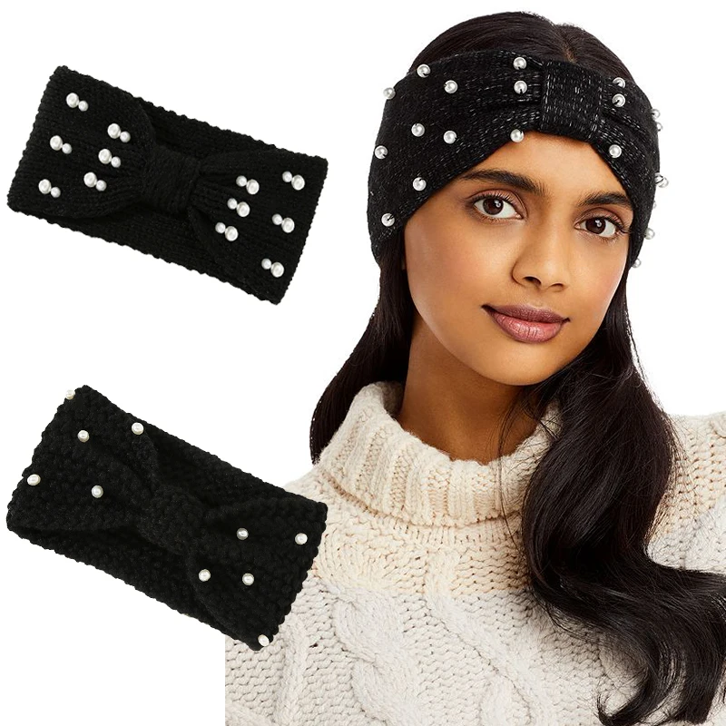 

Новинка, вязаные повязки на голову с жемчугом, аксессуары для волос ручной работы, вязаные крючком головные уборы на осень и зиму, теплые уши...