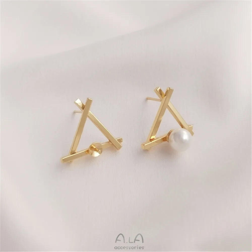 

14K gold clad geometric triangular frame half hole bead holder Earrings 925 silver needle hand DIY glued Pearl Earrings