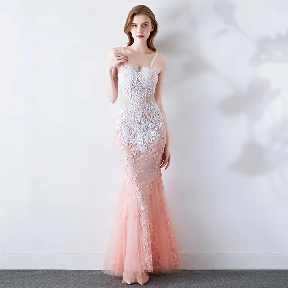 

Fleash Pink Prom Dress Spaghetti Straps Mermaid Appliques Lace Transparent Floor Length Evening Party Formal Prom Dresses