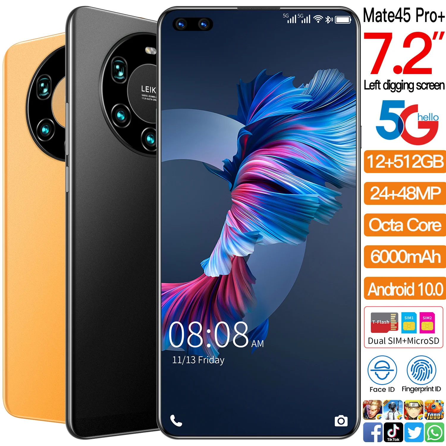 Mate45 Pro-tel&eacute;fono inteligente versi&oacute;n Global, m&oacute;vil con pantalla completa de 7,2 pulgadas, Octa Core, 24MP + 48MP, 8GB, 256GB, red 4G LTE 5G-2