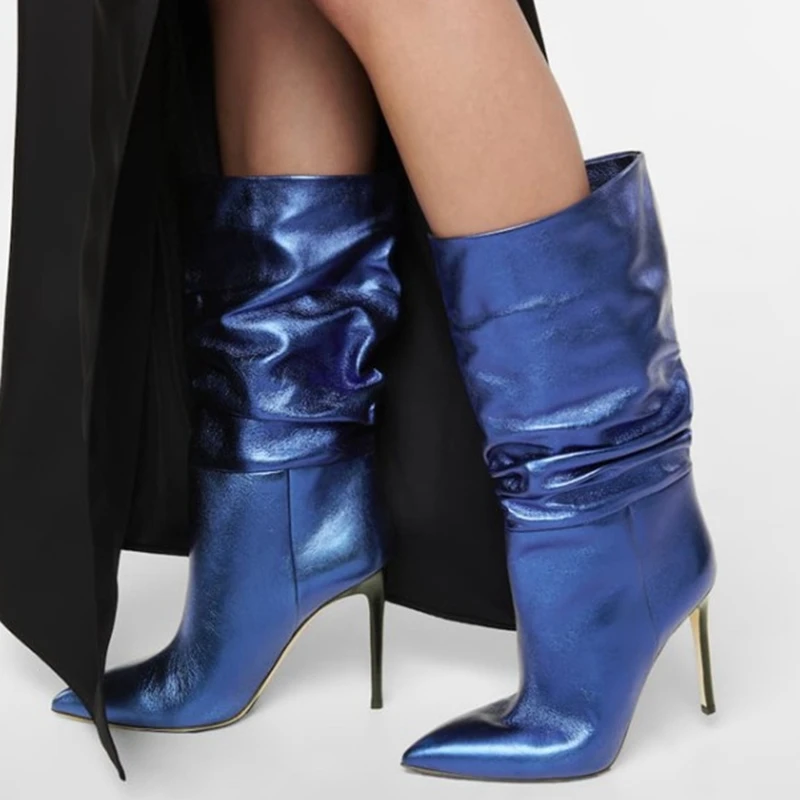 

Удобные женские ботинки на высоком каблуке, новинка 2021, женская повседневная обувь без шнуровки, сапоги до колена с острым носком, большой р...