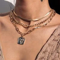 boho layered rose flower carved square pendant necklace women vintage gold color metal snake chain necklaces girls jewelry
