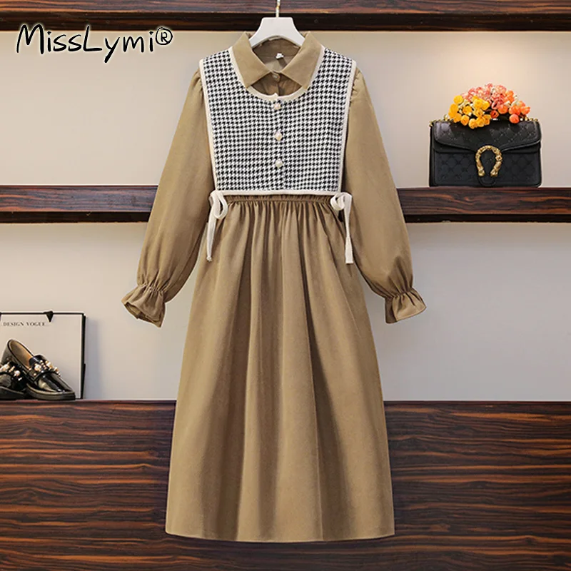

Women Two Piece Set Clothes Autumn Winter 2021 Vintage Plaid Vest and Solid Color Long Sleeve Elastic High Waist Midi Dresses
