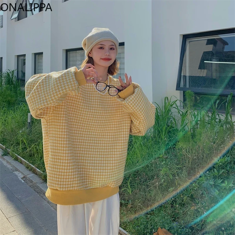 

Onalippa 2021 Autumn Sweet Women Pullover Temperament Simple Houndstooth Round Neck Wild Loose Long Sleeve Design Sense Sweater