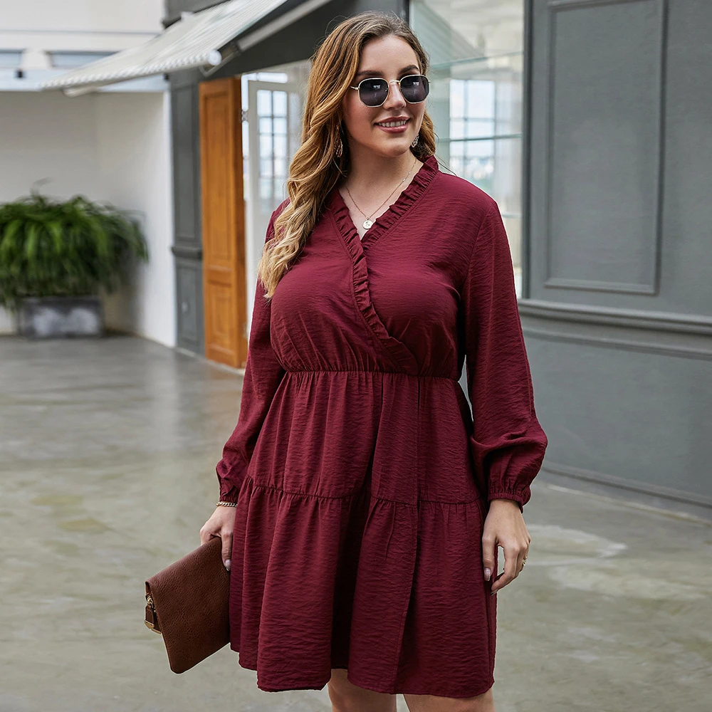 

FridayIn 2021 Autumn New Women's Plus Size Clothes High Waist Puff Sleeve Solid Color Retro French A-line Mid Knee-length Dress